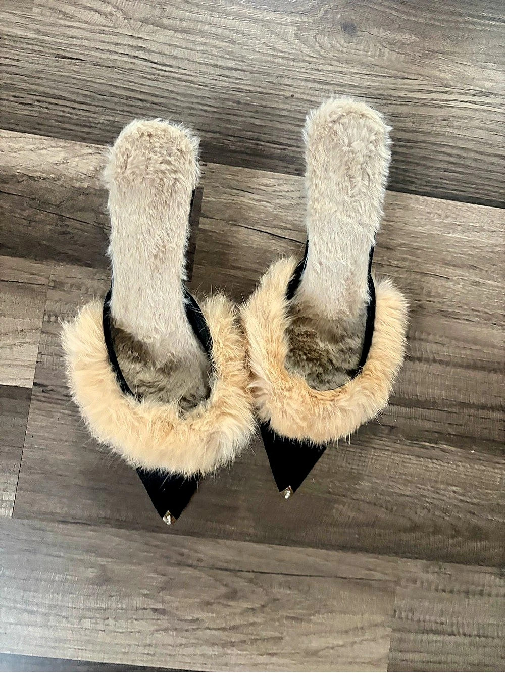 Faux-Fur Trim Pointed-Toe Mules in Black & Brown
